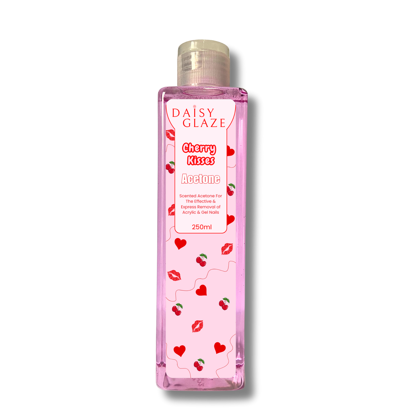 Pink bottle of Daisy Glaze Cherry Kisses Acetone on a white background