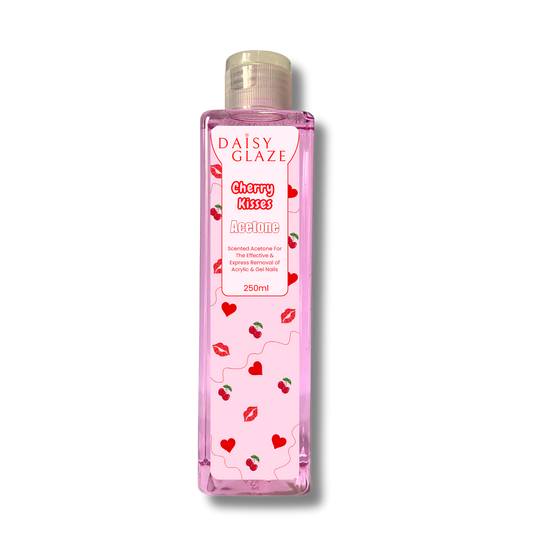 Pink bottle of Daisy Glaze Cherry Kisses Acetone on a white background