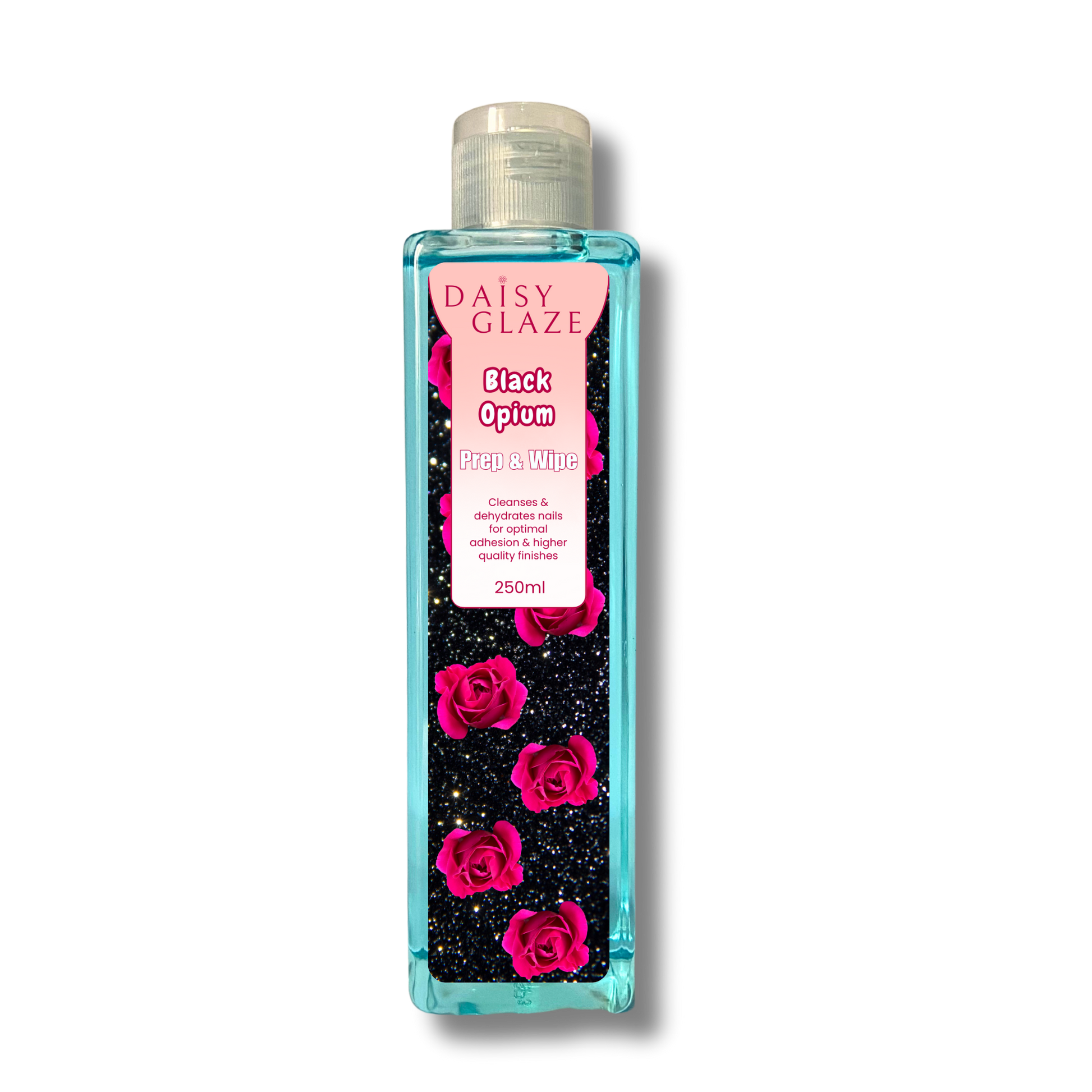 Daisy Glaze Black Opium prep & wipe bottle with pink roses on a white background
