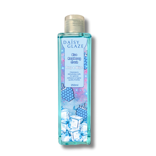Bottle of Daisy Glaze Blue Raspberry Crush prep & wipe product on a white background