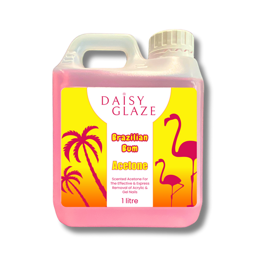 Daisy Glaze Brazilian Bum Acetone bottle with pink flamingo and palm tree design on a yellow background