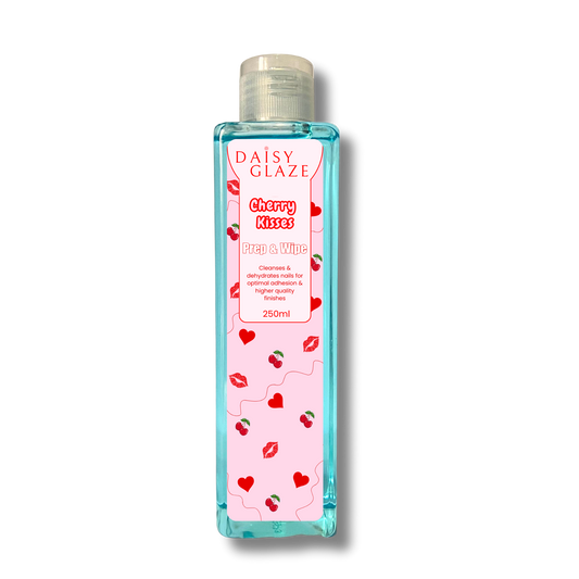 Bottle of Daisy Glaze Cherry Kisses prep & wipe on a white background