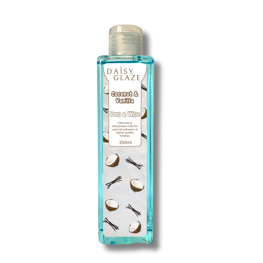 Daisy Glaze Coconut & Vanilla prep & wipe bottle on a white background
