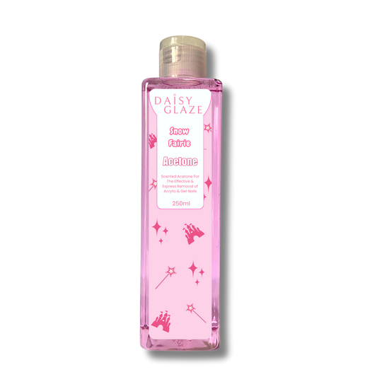 Pink bottle of a Daisy Glaze Snow Fairy Acetone on a white background