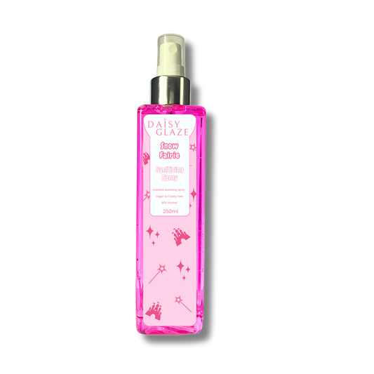 Pink spray bottle with decorative label on a white background